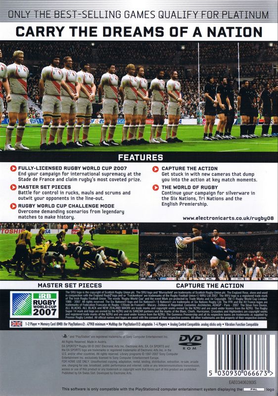 Back Cover for Rugby 08 (PlayStation 2) (Platinum release)