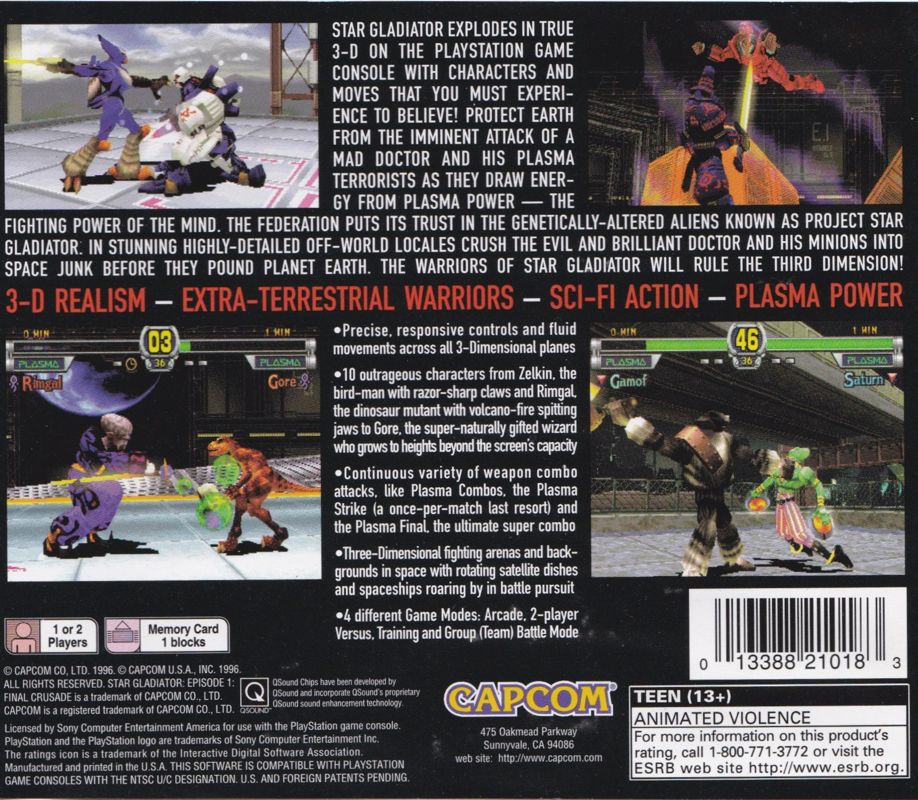 Back Cover for Star Gladiator: Episode:I - Final Crusade (PlayStation)