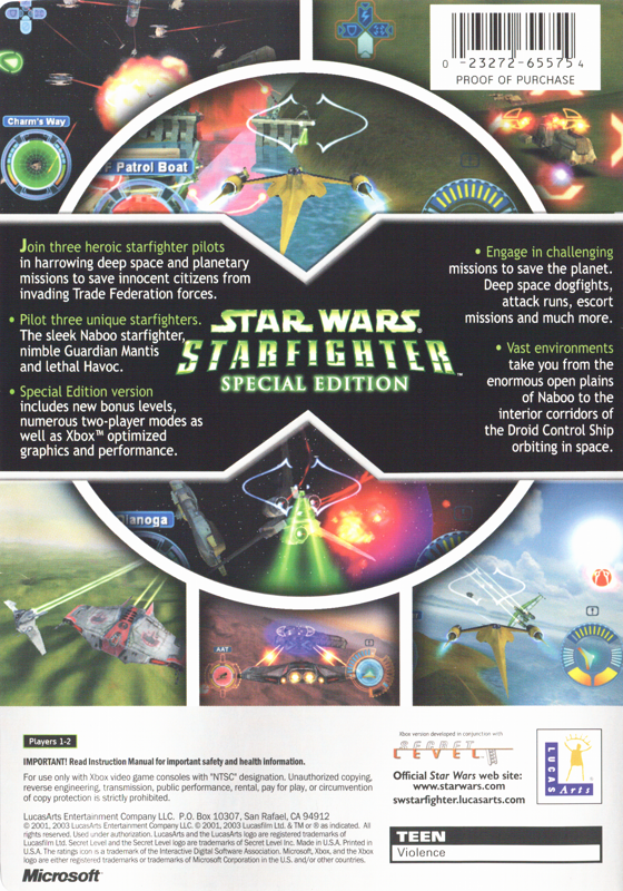 Back Cover for Star Wars: Starfighter (Xbox) (Platinum Hits release)