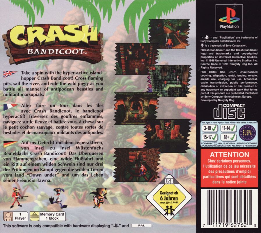 Back Cover for Crash Bandicoot (PlayStation)