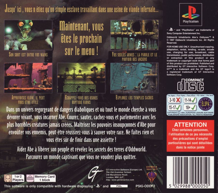 Back Cover for Oddworld: Abe's Oddysee (PlayStation)