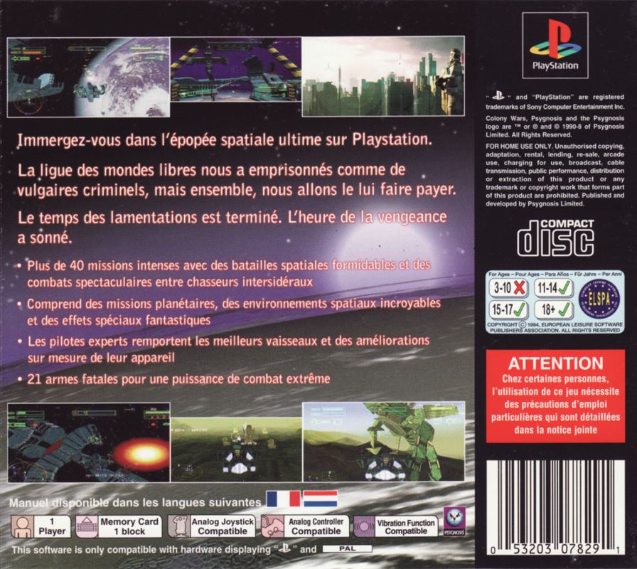 Back Cover for Colony Wars: Vengeance (PlayStation)