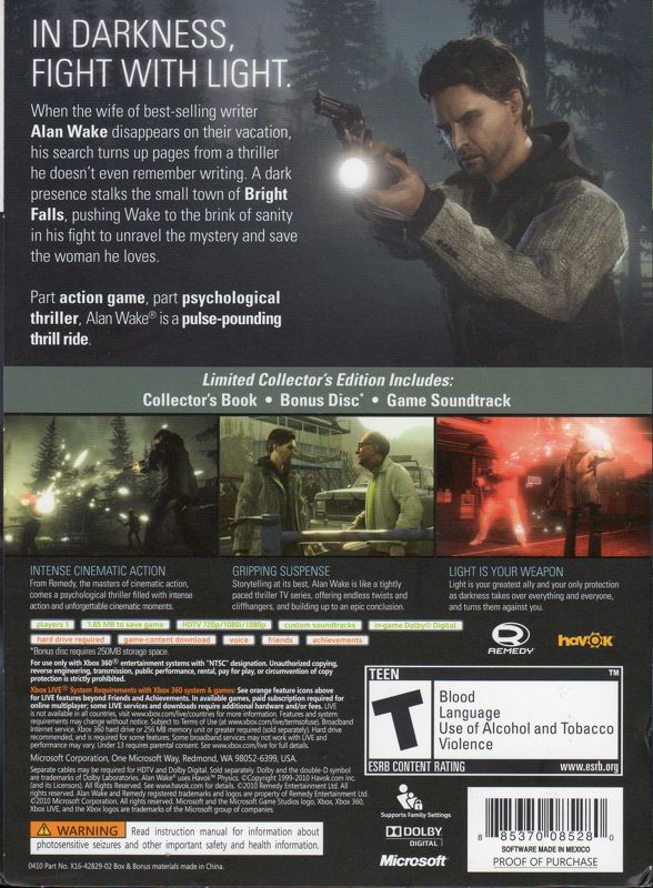 Back Cover for Alan Wake (Limited Collector's Edition) (Xbox 360)