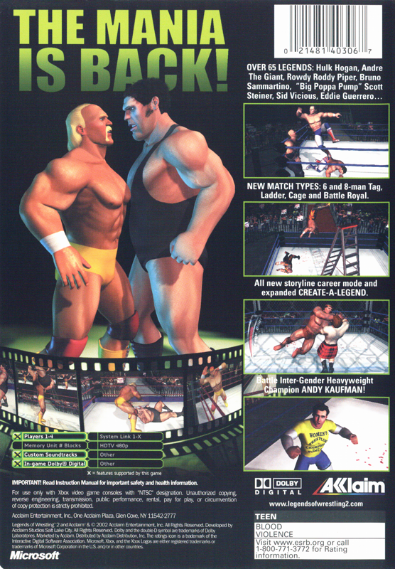 Back Cover for Legends of Wrestling II (Xbox)