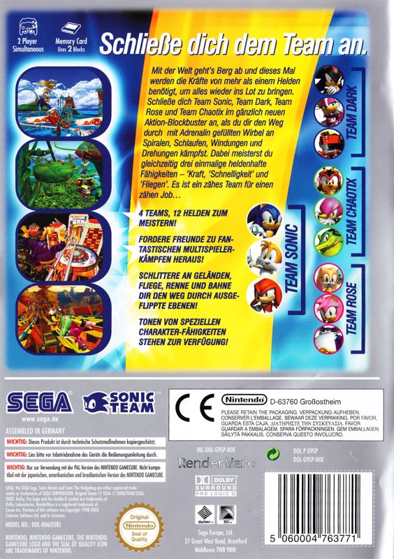 Back Cover for Sonic Heroes (GameCube) (Player's Choice release)