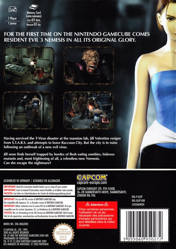 Back Cover for Resident Evil 3: Nemesis (GameCube)
