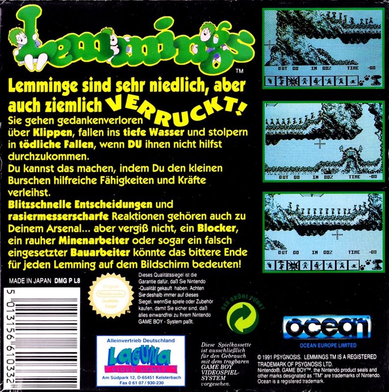 Back Cover for Lemmings (Game Boy) (Alternative covers)