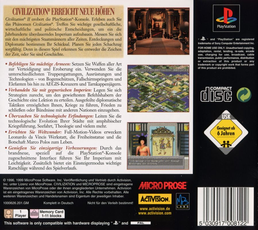 Back Cover for Sid Meier's Civilization II (PlayStation)
