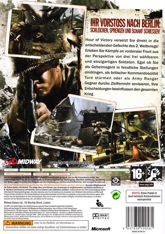 Back Cover for Hour of Victory (Xbox 360)