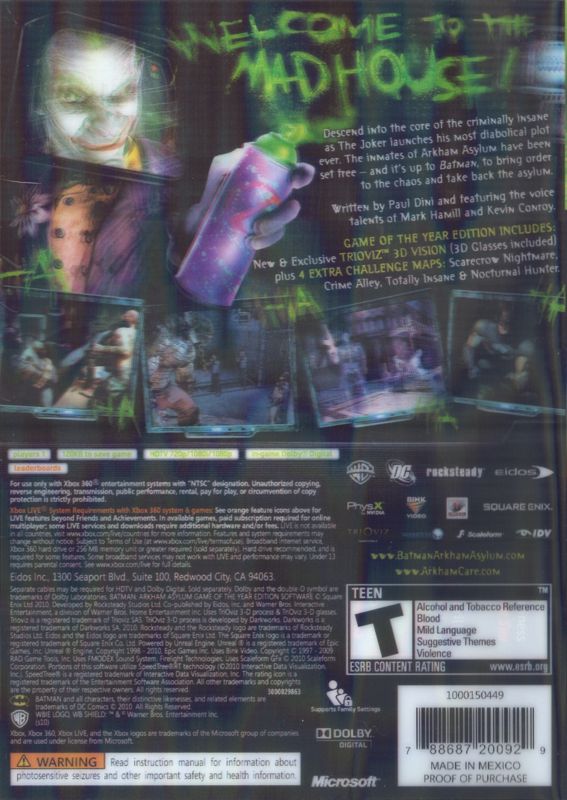 Back Cover for Batman: Arkham Asylum - Game of the Year Edition (Xbox 360) (Uses holographic lenticular)