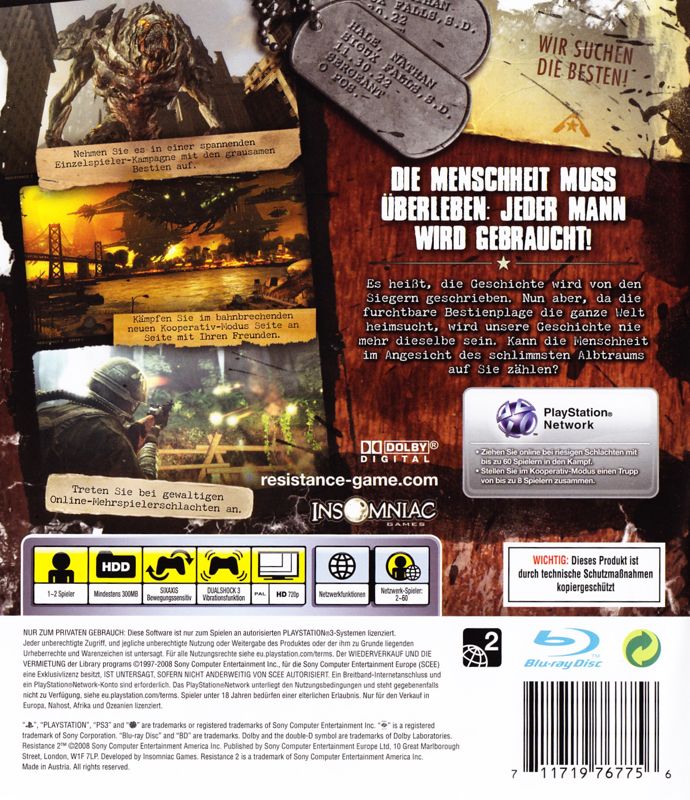 Back Cover for Resistance 2 (PlayStation 3)