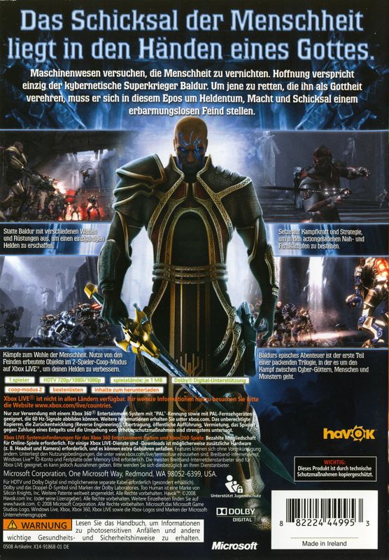 Back Cover for Too Human (Xbox 360)