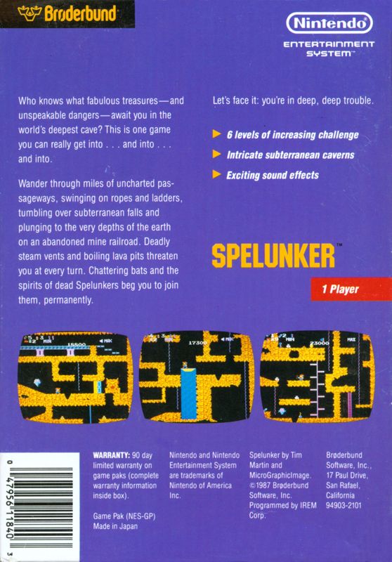Back Cover for Spelunker (NES)