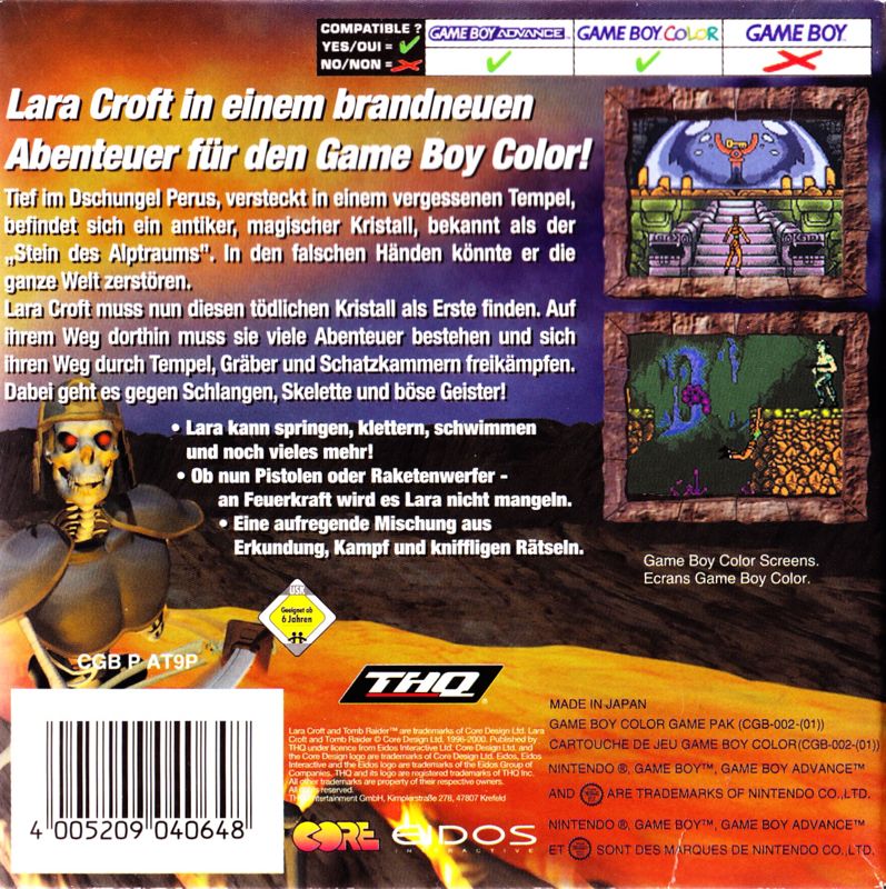 Back Cover for Tomb Raider Starring Lara Croft (Game Boy Color)