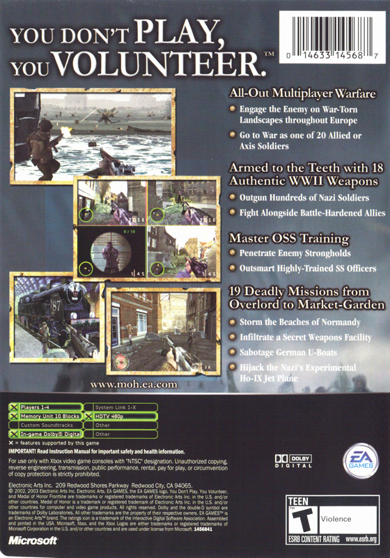 Back Cover for Medal of Honor: Frontline (Xbox) (Platinum Hits release)