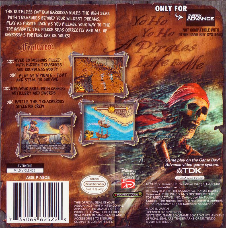 Back Cover for Pirates of the Caribbean: The Curse of the Black Pearl (Game Boy Advance)