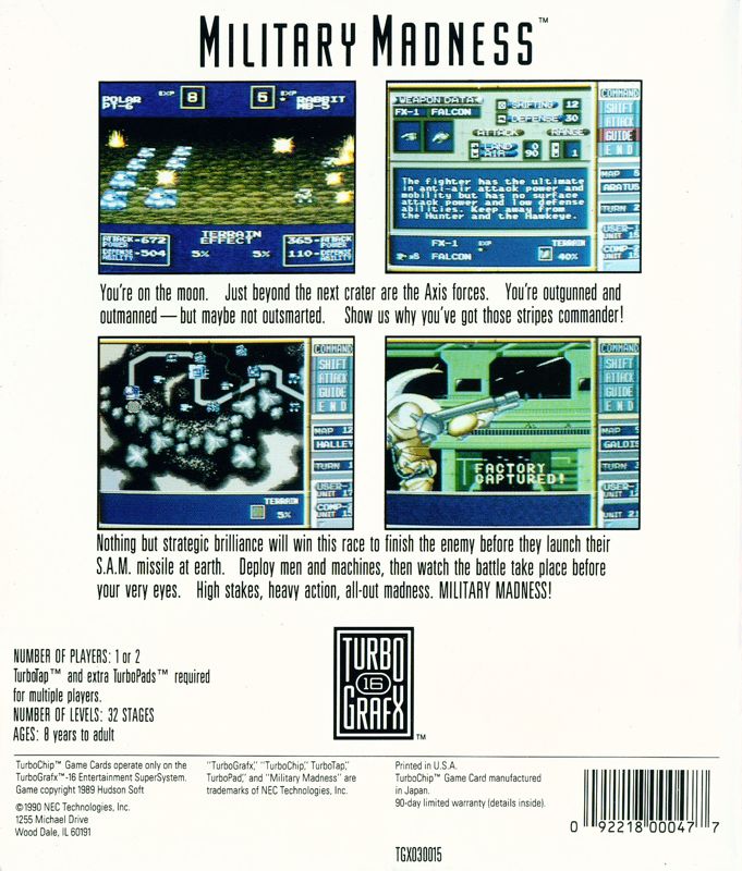 Back Cover for Military Madness (TurboGrafx-16)