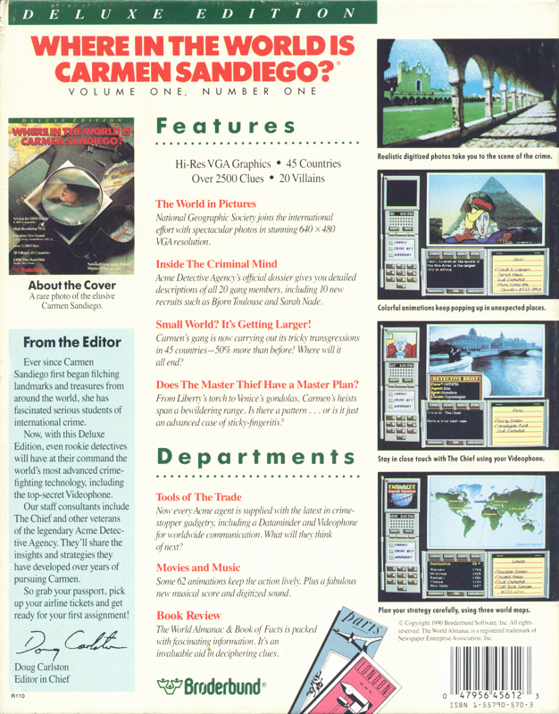 Back Cover for Where in the World Is Carmen Sandiego? (Deluxe Edition) (DOS) (Alternate disks)