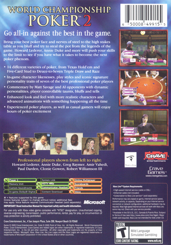 Back Cover for World Championship Poker 2 featuring Howard Lederer (Xbox)