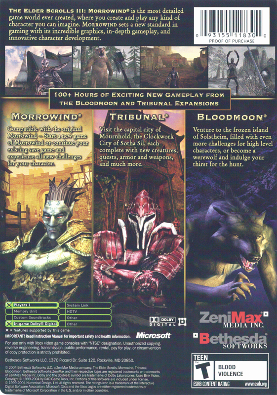 Back Cover for The Elder Scrolls III: Morrowind - Game of the Year Edition (Xbox) (Platinum Hits release)