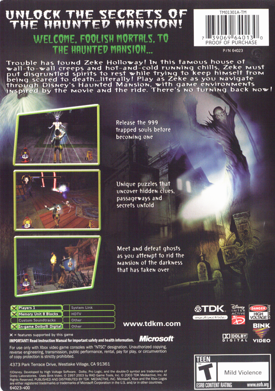 Back Cover for Disney's The Haunted Mansion (Xbox)