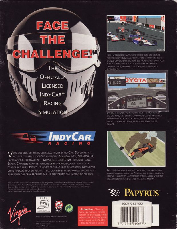Back Cover for IndyCar Racing (DOS) (2nd release (official sponsors have changed))