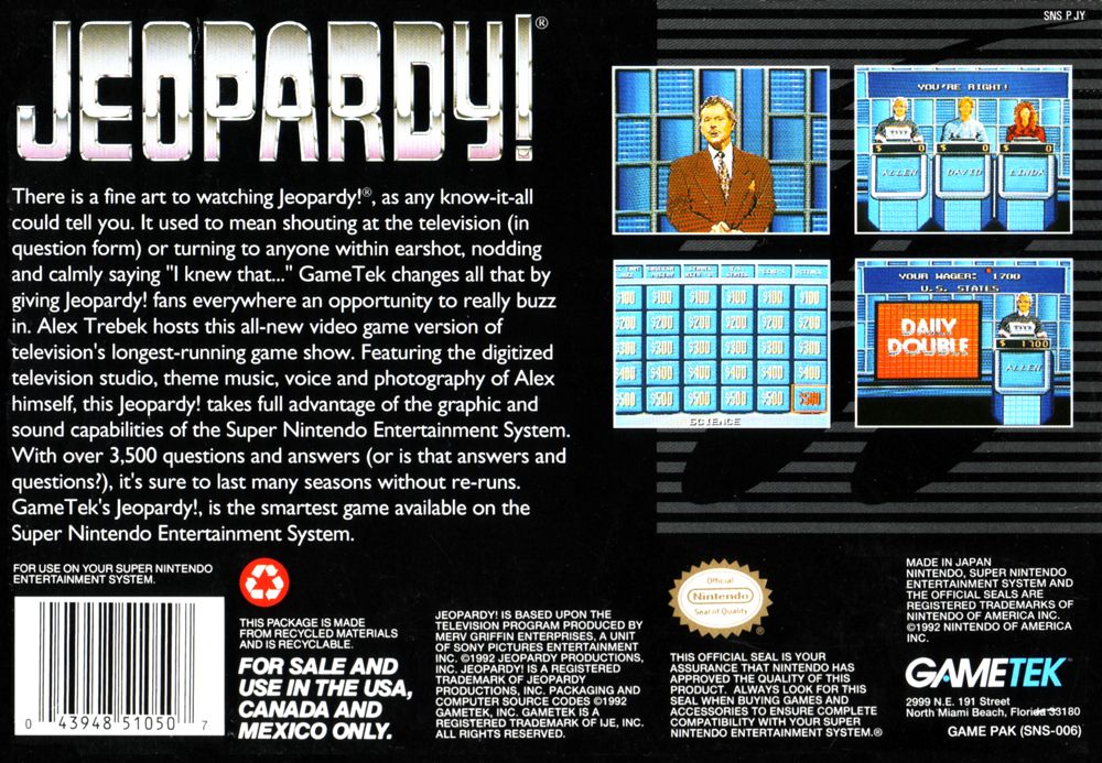 Back Cover for Jeopardy! (SNES)