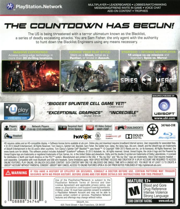 Back Cover for Tom Clancy's Splinter Cell: Blacklist (PlayStation 3)