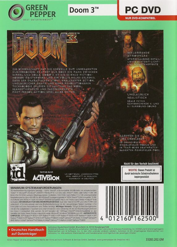 Back Cover for Doom³ (Windows) (Green Pepper release)