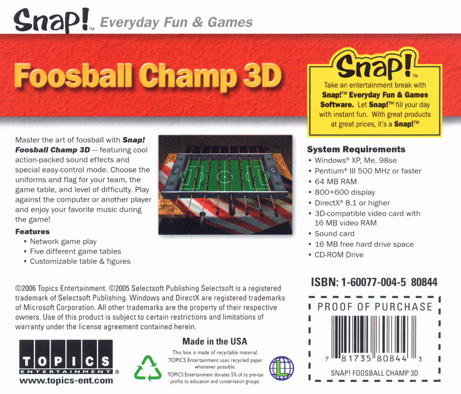 Foosball Champ 3D cover or packaging material - MobyGames