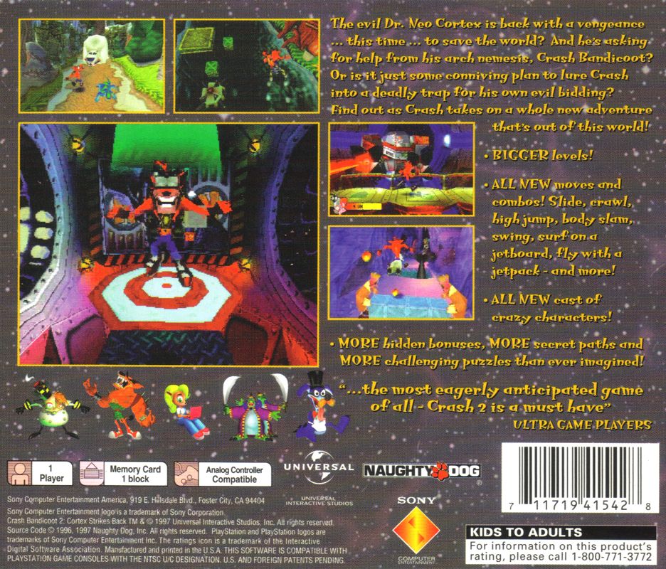 Back Cover for Crash Bandicoot 2: Cortex Strikes Back (PlayStation)