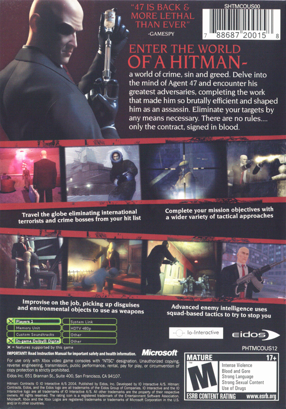 Back Cover for Hitman: Contracts (Xbox)