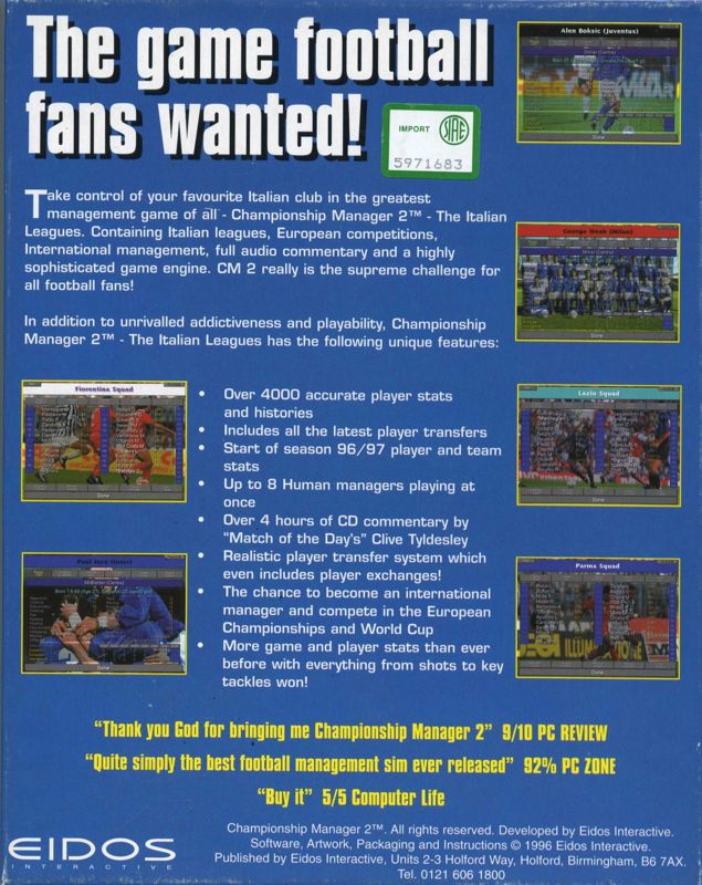 Back Cover for Championship Manager 2: The Italian Leagues Season 96/97 (DOS)