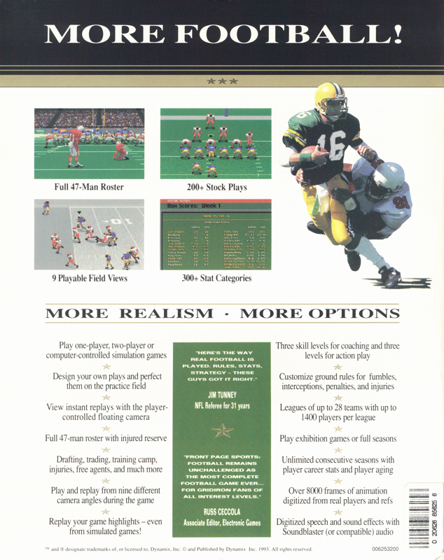 Back Cover for Front Page Sports: Football (DOS)