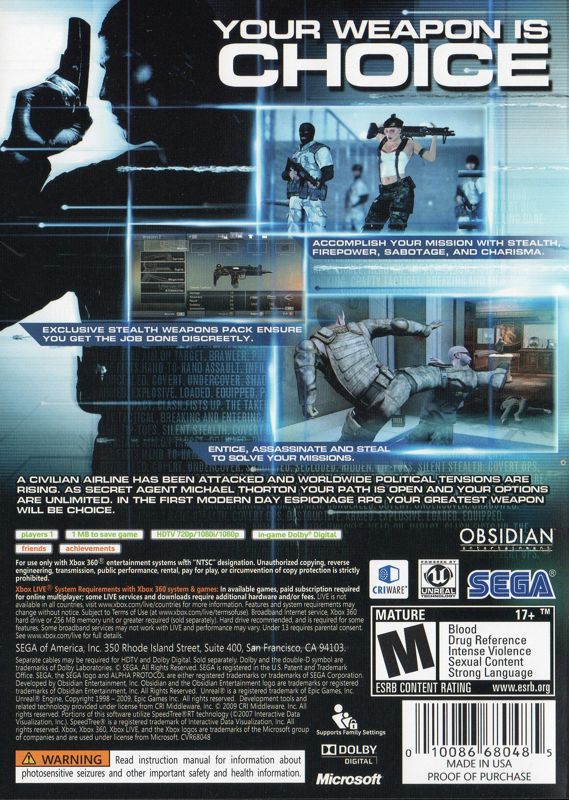 Back Cover for Alpha Protocol (Xbox 360) (Best Buy exclusive release)