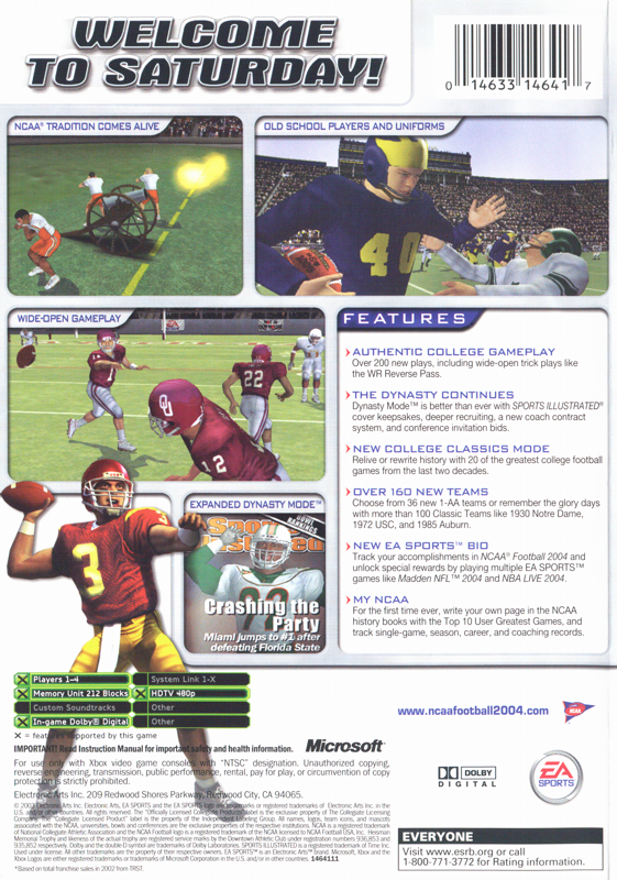 Back Cover for NCAA Football 2004 (Xbox)