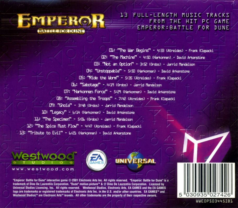 Soundtrack for Emperor: Battle for Dune (Specjalne Wydanie Kolekcjonerskie) (Windows): Jewel Case - Back