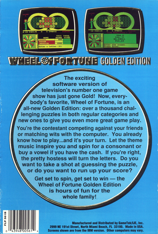 Back Cover for Wheel of Fortune: Golden Edition (DOS)