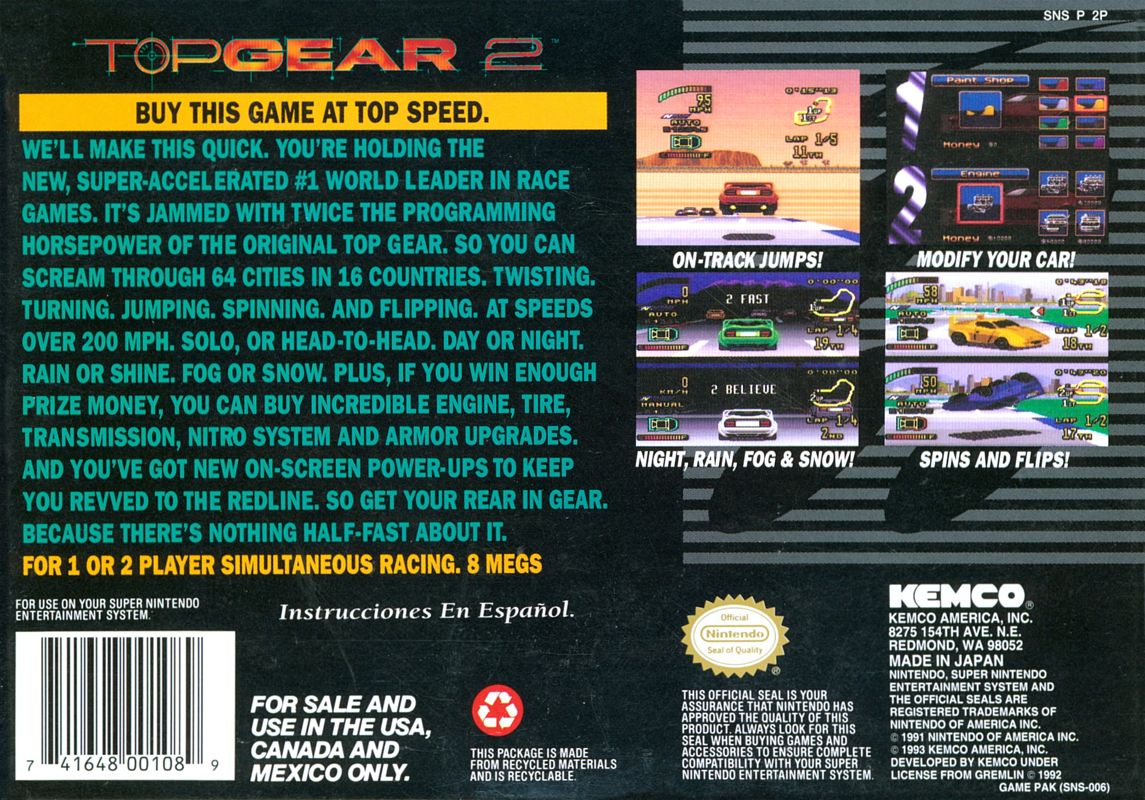 Back Cover for Top Gear 2 (SNES)