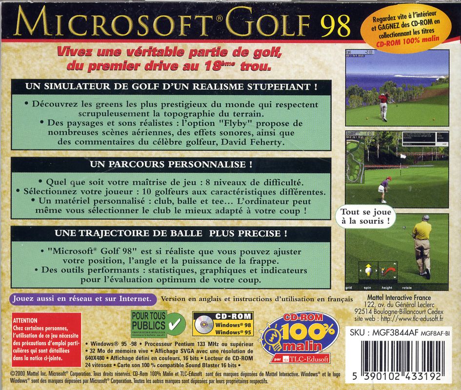 Back Cover for Microsoft Golf 1998 Edition (Windows) (CD-ROM 100% Malin release)