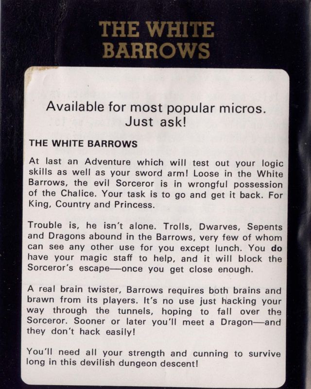 Back Cover for The White Barrows (Commodore 64)