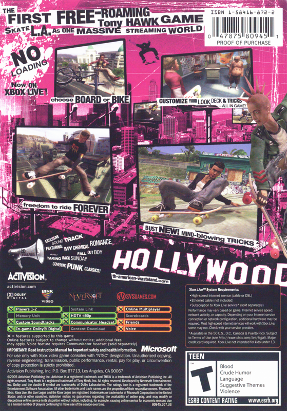 Back Cover for Tony Hawk's American Wasteland (Xbox) (Platinum Hits release)