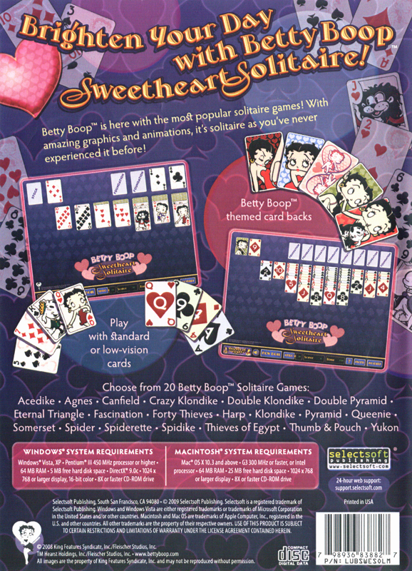 Back Cover for Betty Boop: Sweetheart Solitaire (Macintosh and Windows)