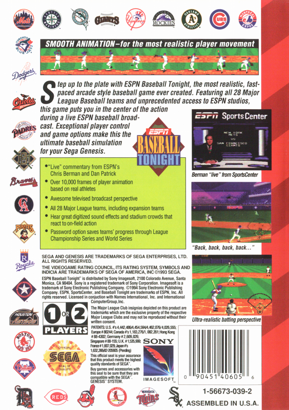 Back Cover for ESPN Baseball Tonight (Genesis)