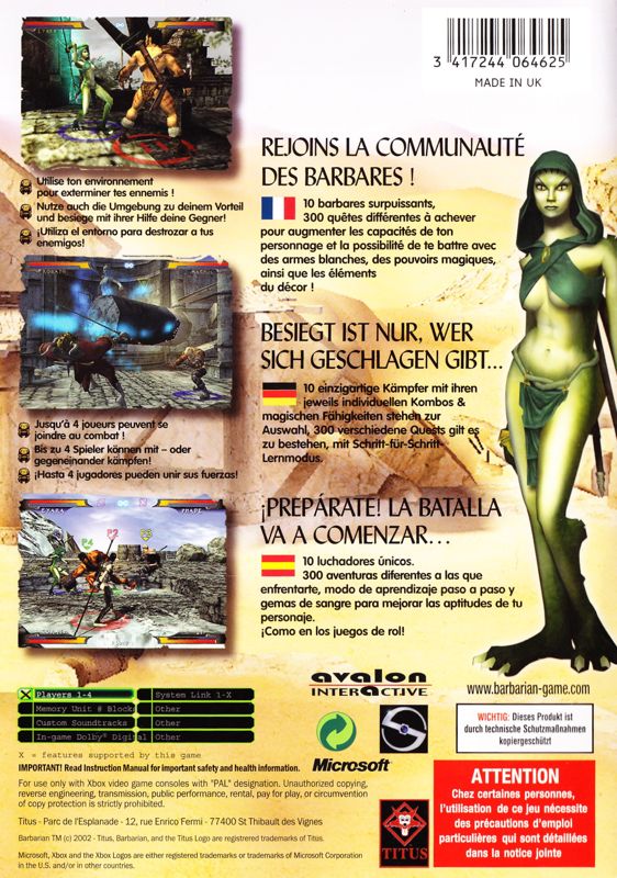 Back Cover for Barbarian (Xbox)