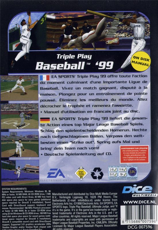 Back Cover for Triple Play 99 (Windows) (Dice Multimedia release)