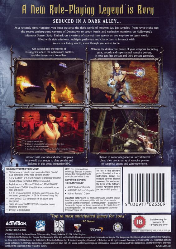 Back Cover for Vampire: The Masquerade - Bloodlines (Windows)