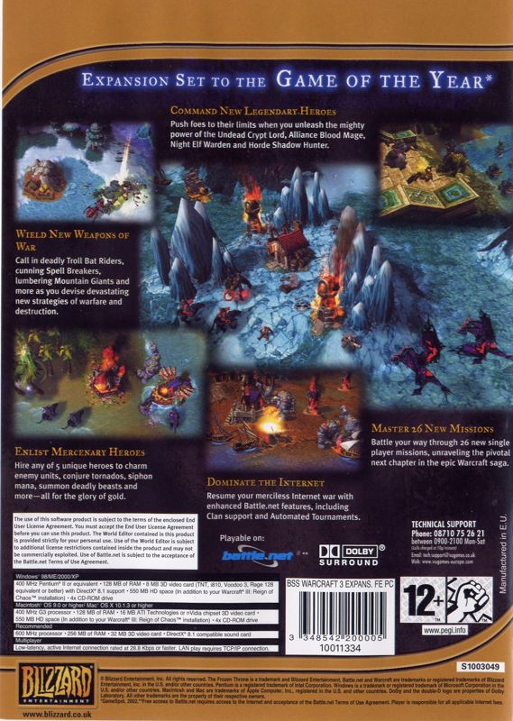 Back Cover for WarCraft III: The Frozen Throne (Macintosh and Windows) (BestSeller Series release)