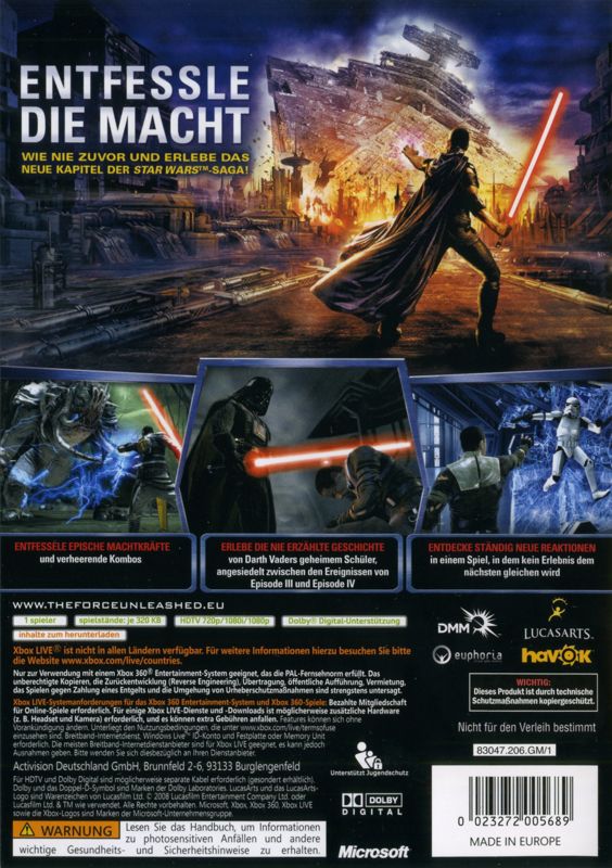 Back Cover for Star Wars: The Force Unleashed (Xbox 360)