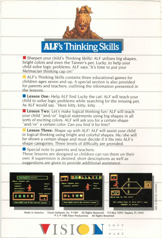 Back Cover for ALF's Thinking Skills (DOS)